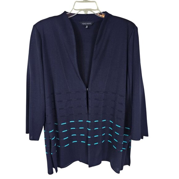 Ming Wang Navy Open-Front Cardigan 1X Aqua Accents Hook Closure Office Mature - Picture 1 of 12